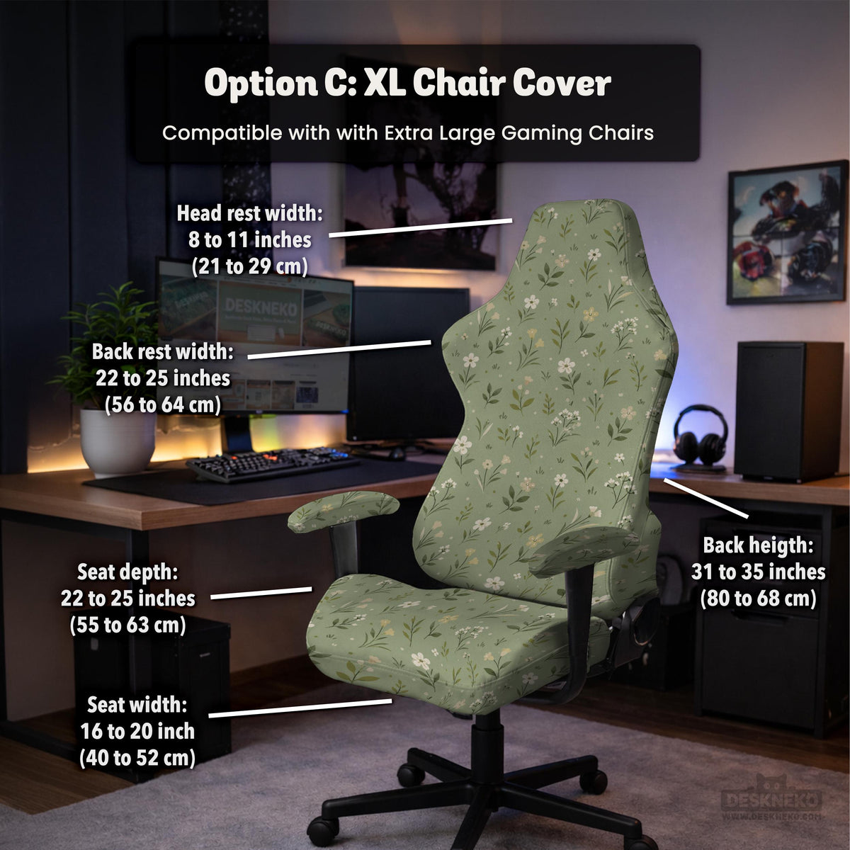 Green chair cover with a sage floral botanical print shown on a high-back gaming chair and office chair.