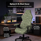 Green chair cover with a sage floral botanical print shown on a high-back gaming chair and office chair.