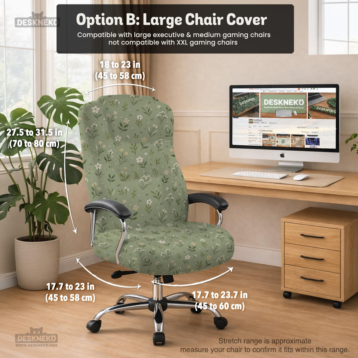 Green chair cover with a sage floral botanical print shown on a high-back gaming chair and office chair.