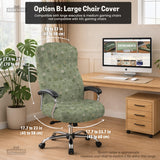 Green chair cover with a sage floral botanical print shown on a high-back gaming chair and office chair.