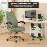 Sage green chair cover with a small floral print shown on a desk chair with a high back.