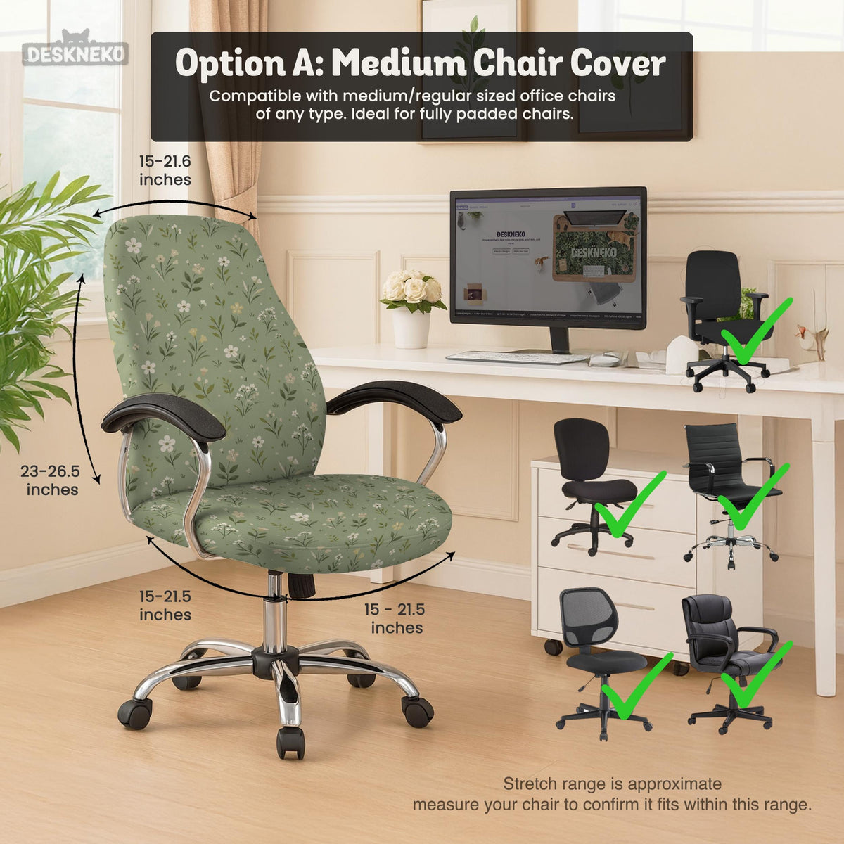 Green chair cover with a sage floral botanical print shown on a high-back gaming chair and office chair.