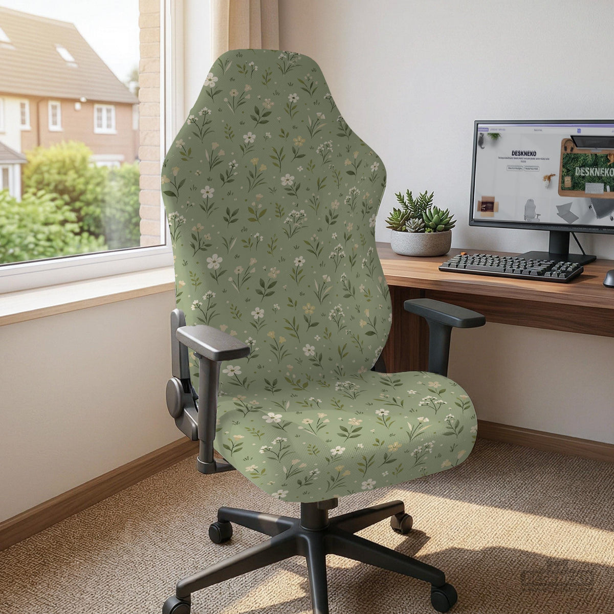 Sage green chair cover with a small floral print shown on a desk chair with a high back.