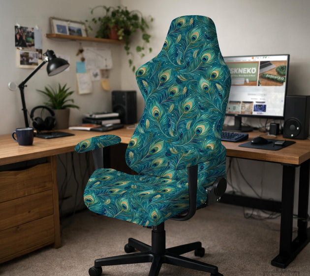 Blue green chair cover with a peacock feather pattern shown on an office chair, with fitted stretch fabric and armrest coverage visible in the listing image.