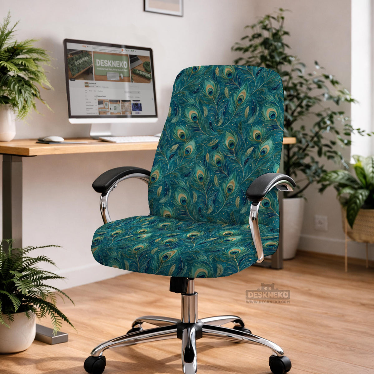 Blue green chair cover with a peacock feather pattern shown on an office chair, with fitted stretch fabric and armrest coverage visible in the listing image.