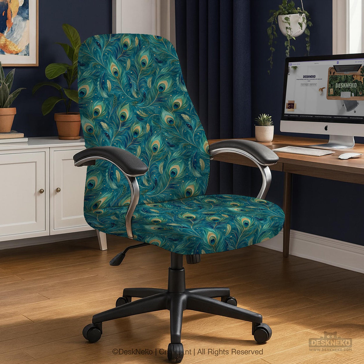 Blue green chair cover with a peacock feather pattern shown on an office chair, with fitted stretch fabric and armrest coverage visible in the listing image.