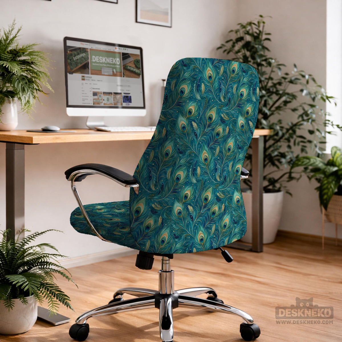 Blue green chair cover with a peacock feather pattern shown on an office chair, with fitted stretch fabric and armrest coverage visible in the listing image.