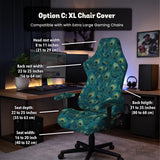 A blue green chair cover with a peacock feather design shown on an office chair with armrests.