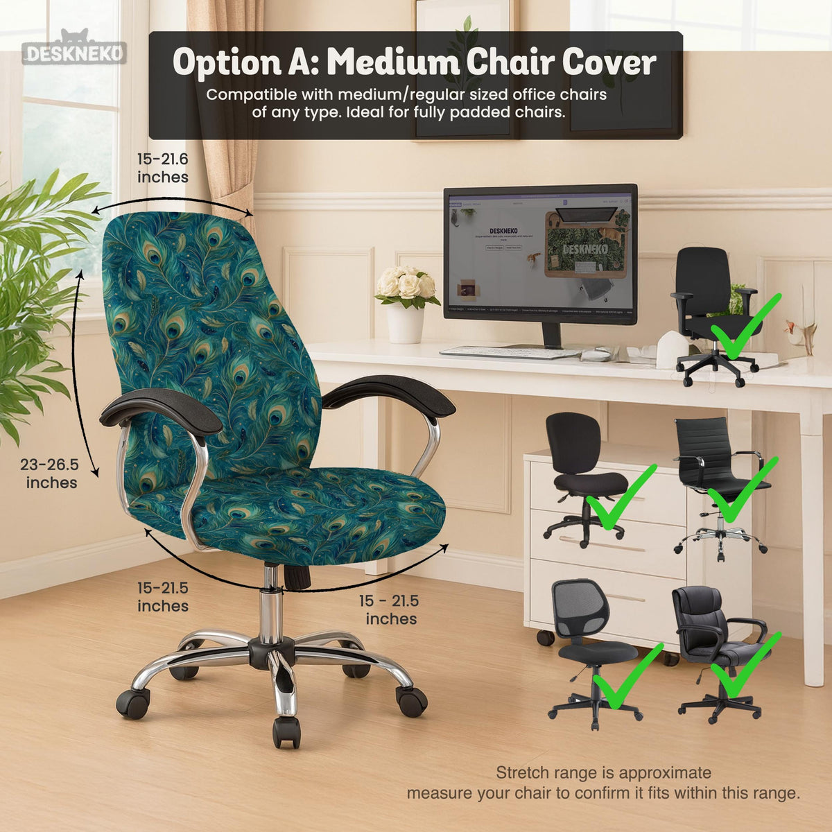 A blue green chair cover with a peacock feather design shown on an office chair with armrests.