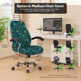 A blue green chair cover with a peacock feather design shown on an office chair with armrests.