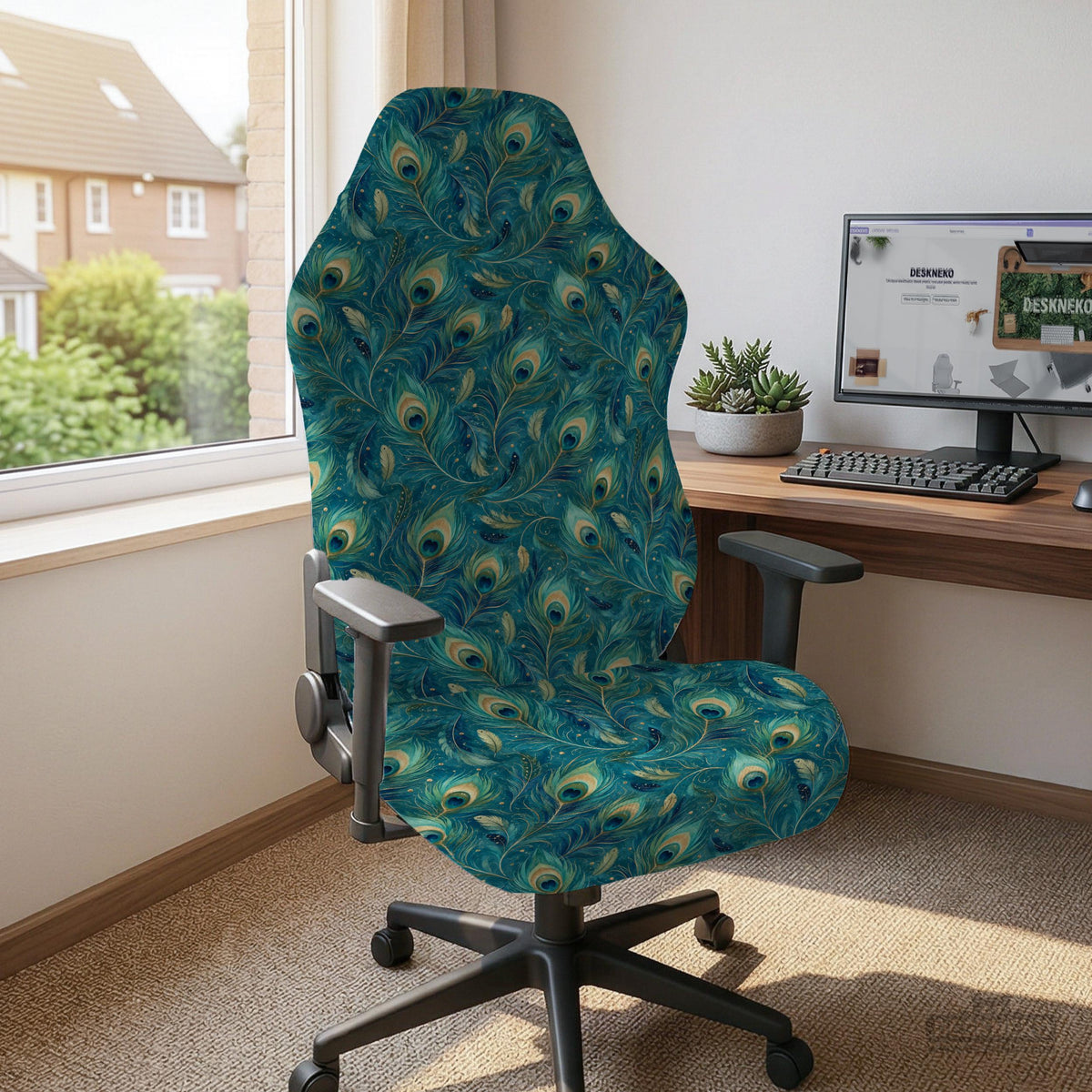 Blue green chair cover with a peacock feather pattern shown on an office chair, with fitted stretch fabric and armrest coverage visible in the listing image.