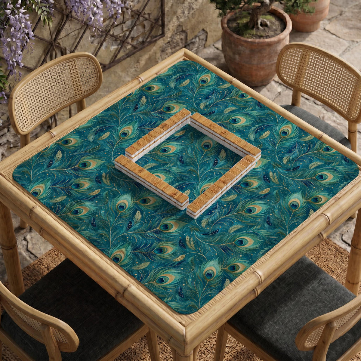 A teal mahjong mat with a peacock feather pattern and scalloped edges.
