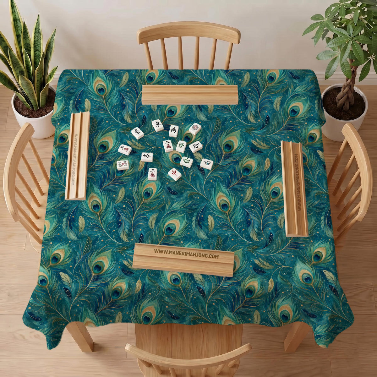 Teal mahjong mat with a peacock feather pattern in blue green tones.