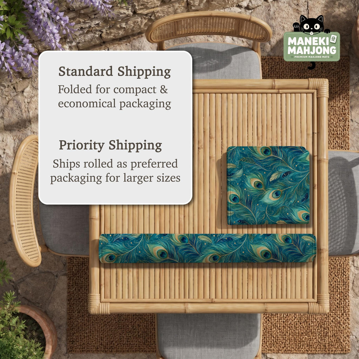 Teal mahjong mat with a peacock feather pattern in blue green tones.