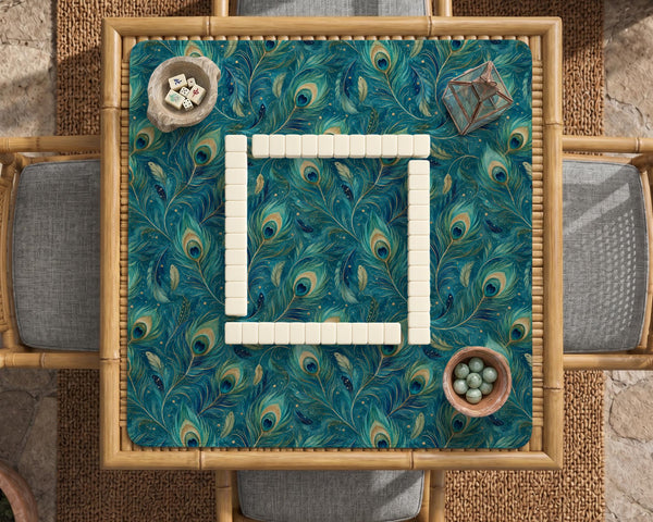 Teal mahjong mat with a peacock feather pattern in blue green tones.