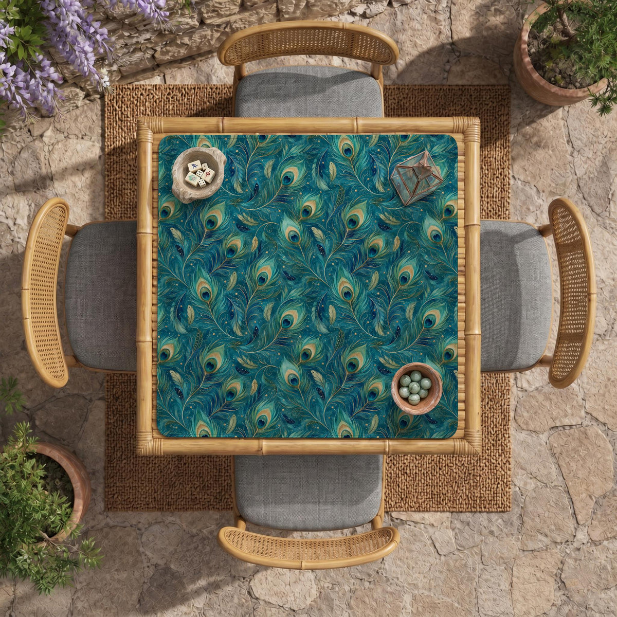 Teal mahjong mat with a peacock feather pattern in blue green tones.