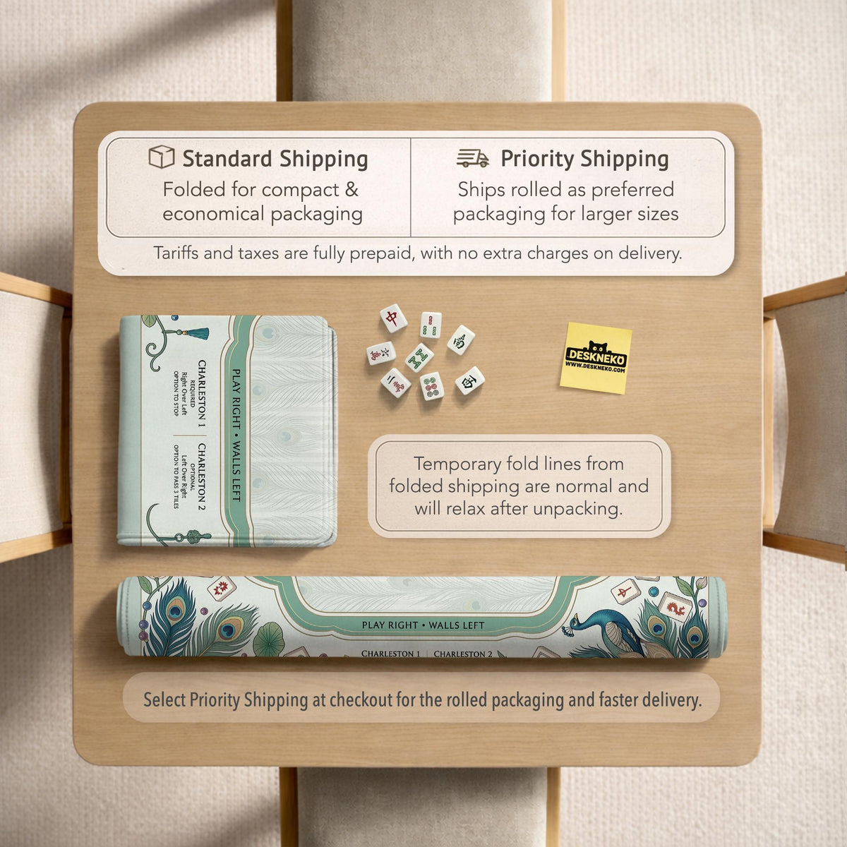 Teal square mahjong mat with peacock feathers, soft floral pattern, tassel details, and printed rule guide text in the center.