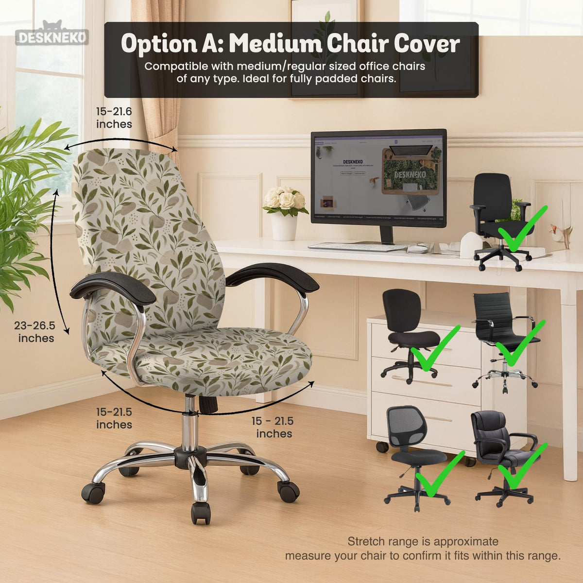 Sage and cream leaf print chair covers shown as full chair cover, back and seat cover, seat cover, and armrest covers for a high back desk chair.