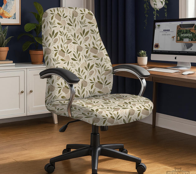 Sage and cream leaf print chair covers shown as full chair cover, back and seat cover, seat cover, and armrest covers for a high back desk chair.