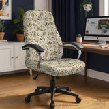 Sage and cream leaf print chair covers shown as full chair cover, back and seat cover, seat cover, and armrest covers for a high back desk chair.