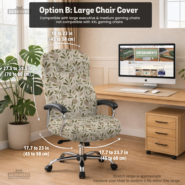 Sage and cream leaf print chair covers shown as full chair cover, back and seat cover, seat cover, and armrest covers for a high back desk chair.