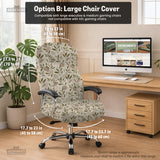 Sage and cream leaf print chair covers shown as full chair cover, back and seat cover, seat cover, and armrest covers for a high back desk chair.