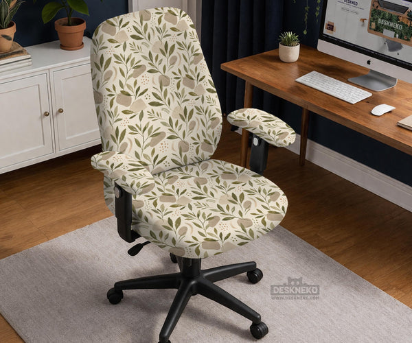 Sage and cream leaf print chair covers shown as full chair cover, back and seat cover, seat cover, and armrest covers for a high back desk chair.