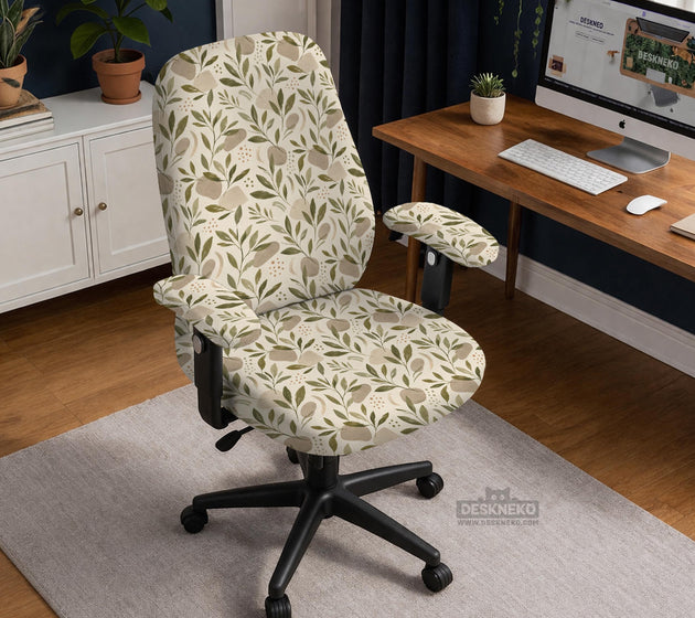 Sage and cream leaf print chair covers shown as full chair cover, back and seat cover, seat cover, and armrest covers for a high back desk chair.