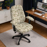 Sage and cream leaf print chair covers shown as full chair cover, back and seat cover, seat cover, and armrest covers for a high back desk chair.