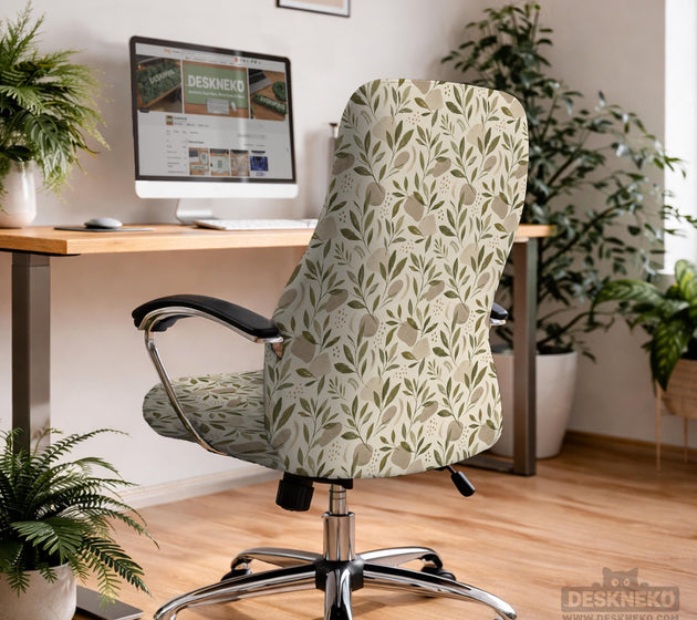 Sage and cream leaf print chair covers shown as full chair cover, back and seat cover, seat cover, and armrest covers for a high back desk chair.