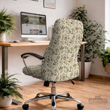 Sage and cream leaf print chair covers shown as full chair cover, back and seat cover, seat cover, and armrest covers for a high back desk chair.