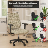 Sage and cream leaf print chair covers shown as full chair cover, back and seat cover, seat cover, and armrest covers for a high back desk chair.