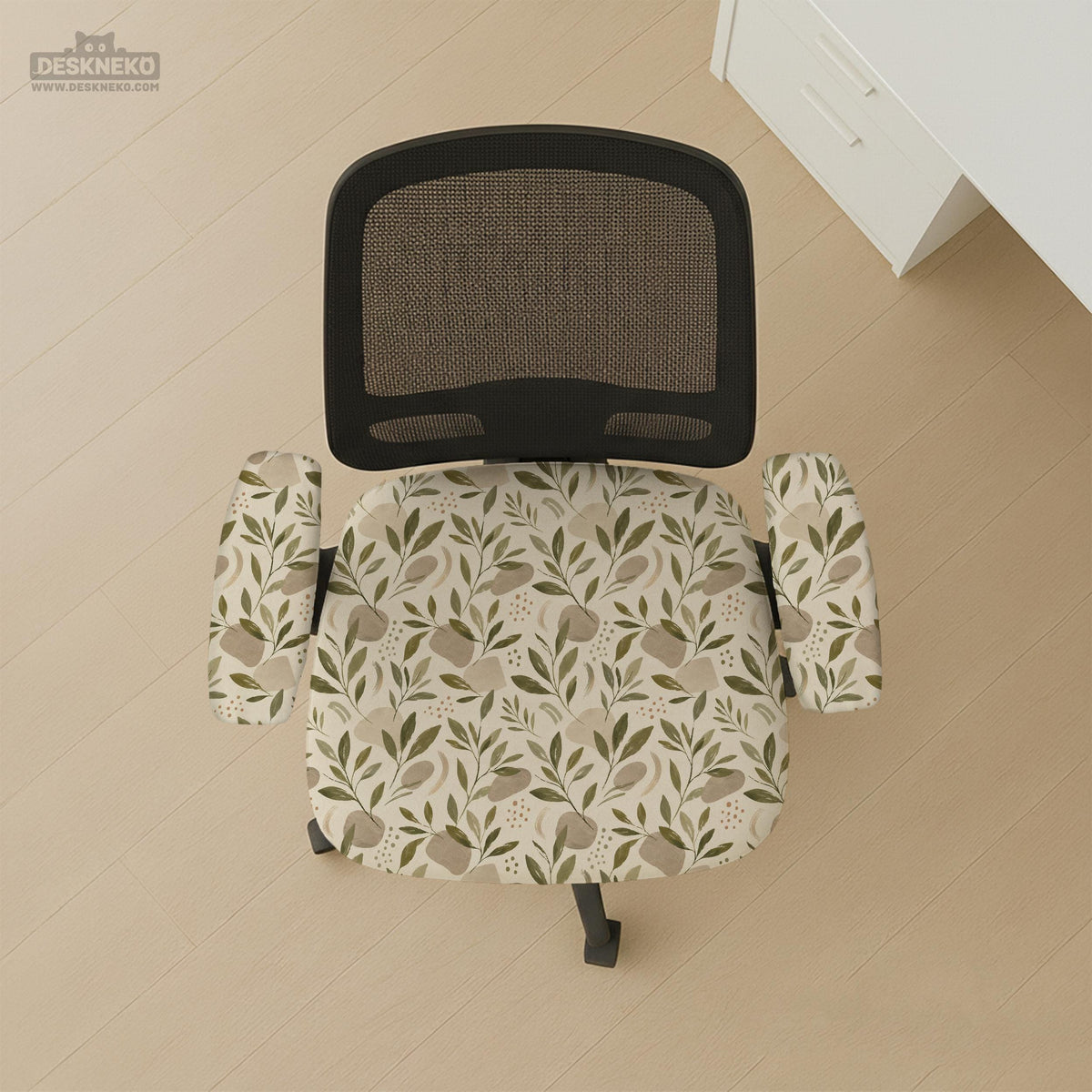 Sage and cream leaf print chair covers shown as full chair cover, back and seat cover, seat cover, and armrest covers for a high back desk chair.