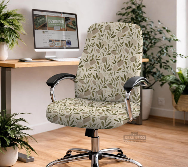 Sage and cream leaf print chair covers shown as full chair cover, back and seat cover, seat cover, and armrest covers for a high back desk chair.