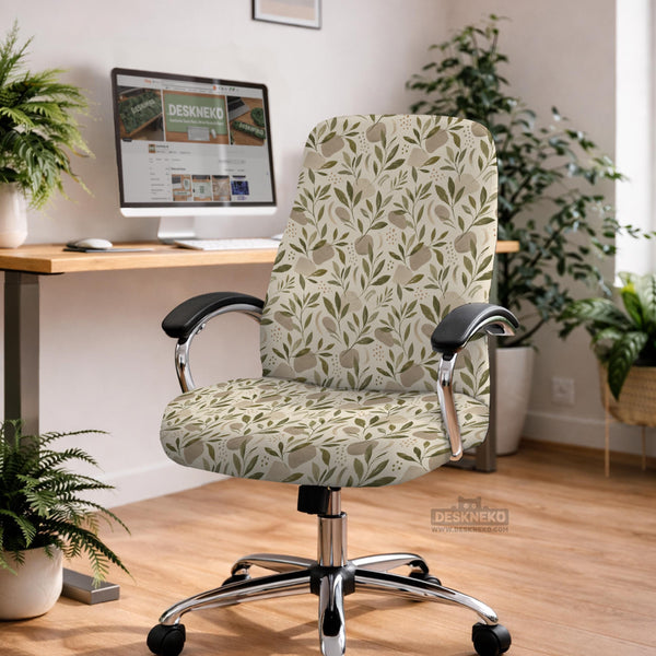 Sage and cream leaf print chair covers shown as full chair cover, back and seat cover, seat cover, and armrest covers for a high back desk chair.