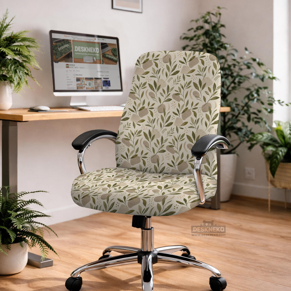 Sage and cream leaf print chair covers shown as full chair cover, back and seat cover, seat cover, and armrest covers for a high back desk chair.