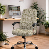 Sage and cream leaf print chair covers shown as full chair cover, back and seat cover, seat cover, and armrest covers for a high back desk chair.