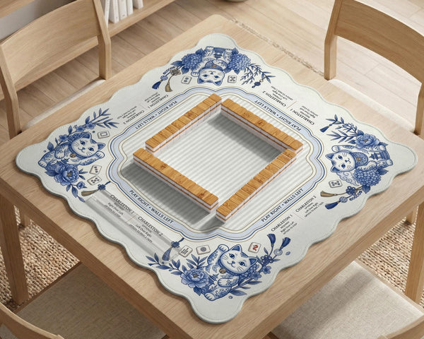 Blue and white square mahjong mat with lucky cat artwork, floral chinoiserie pattern, tile icons, and a rule guide layout.