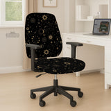 Black chair cover with gold moons, suns, stars, constellations, and line art printed across the fabric.