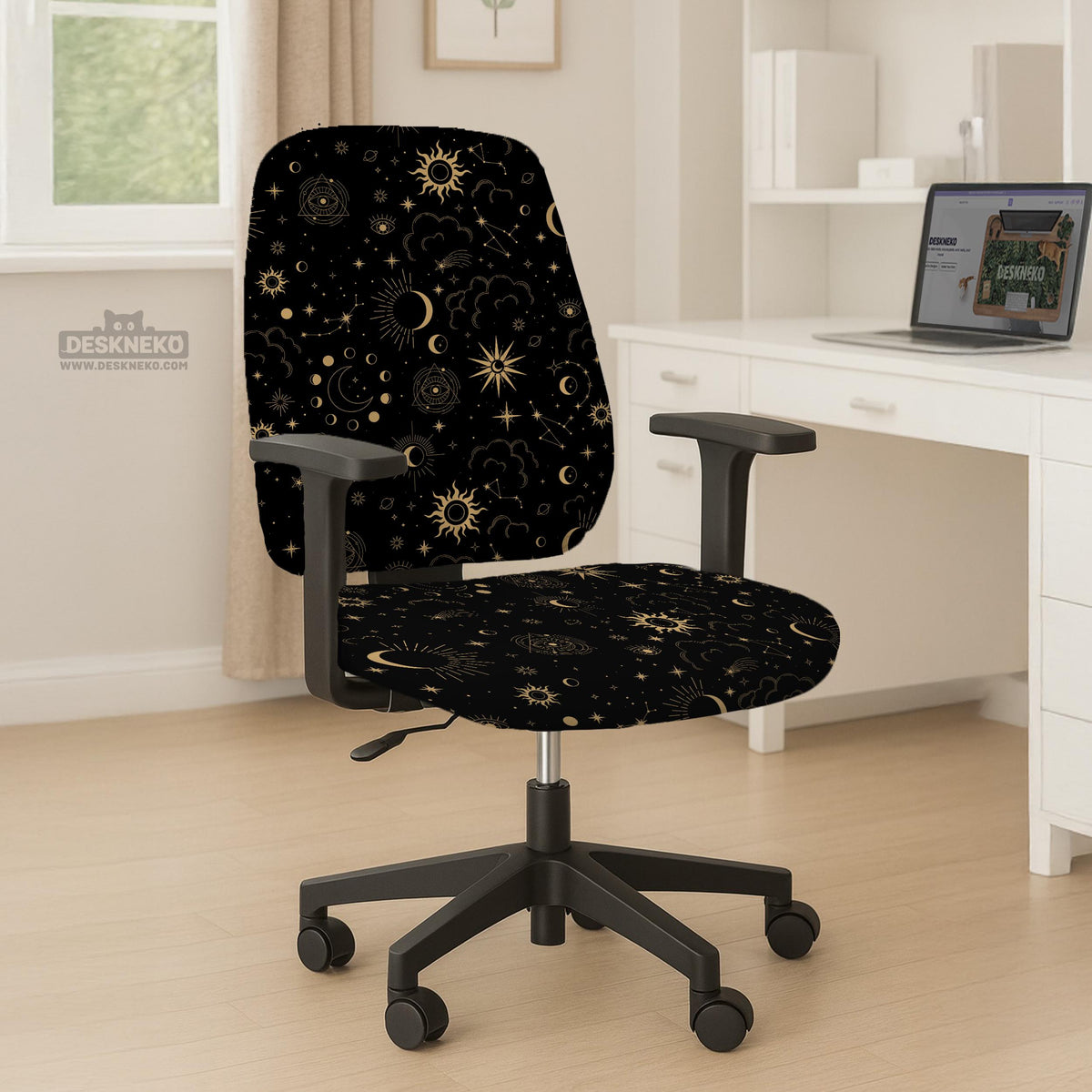 Black chair cover with a gold astrology print of moons, suns, stars, and symbols on a gaming chair.