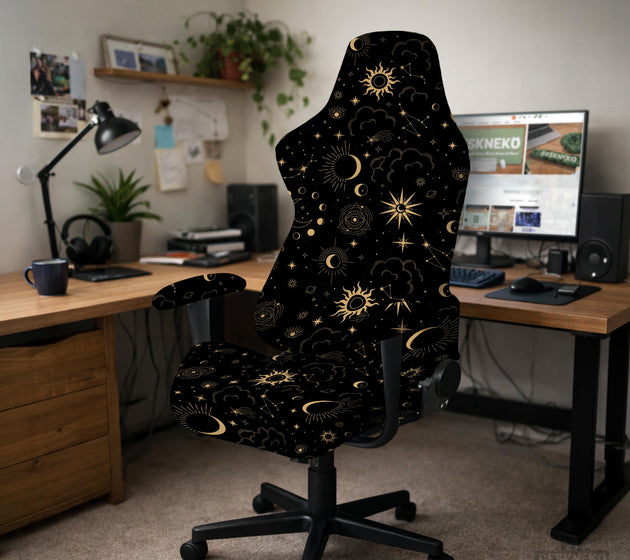Black chair cover with a gold astrology print of moons, suns, stars, and symbols on a gaming chair.