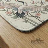 Beige square mahjong mat with a sage border, crane birds, bamboo, flowers, tile icons, and printed rules around a clean center play area.