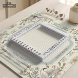 Beige square mahjong mat with a sage border, crane birds, bamboo, flowers, tile icons, and printed rules around a clean center play area.