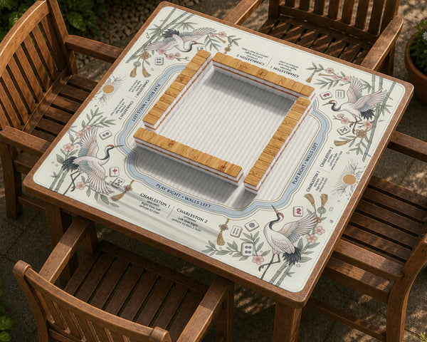 Beige square mahjong mat with a sage border, crane birds, bamboo, flowers, tile icons, and printed rules around a clean center play area.