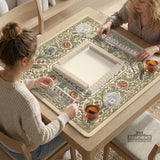 Square mahjong table mat with vintage bird artwork, floral border detail, and sage green, cream, muted blue, and terracotta tones.