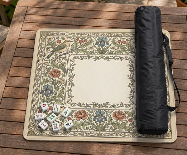 Square mahjong table mat with vintage bird artwork, floral border detail, and sage green, cream, muted blue, and terracotta tones.