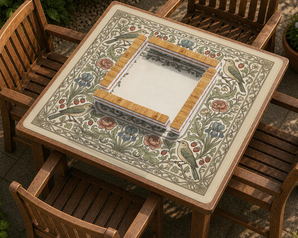 Square mahjong table mat with vintage bird artwork, floral border detail, and sage green, cream, muted blue, and terracotta tones.