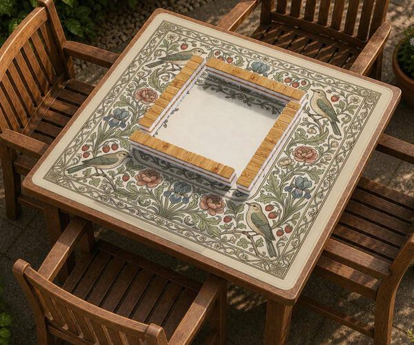 Square mahjong table mat with vintage bird artwork, floral border detail, and sage green, cream, muted blue, and terracotta tones.