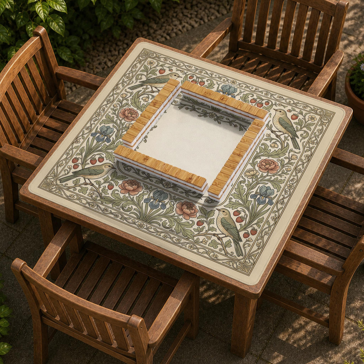 Square mahjong table mat with vintage bird artwork, floral border detail, and sage green, cream, muted blue, and terracotta tones.