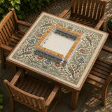 Square mahjong table mat with vintage bird artwork, floral border detail, and sage green, cream, muted blue, and terracotta tones.